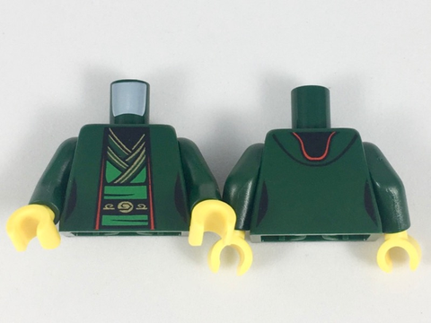 PARTS | Torso Ninjago Female Robe over Bright Green Tunic with Sash and Black and Gold Trim Pattern / Dark Green Arms / Yellow Hands [973pb3024c01]