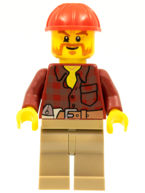 LEGO | CITY | PRELOVED | MINIFIGURE | Flannel Shirt with Pocket and Belt, Dark Tan Legs, Red Construction Helmet, Beard [cty0467]