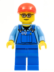 LEGO | CITY | PRELOVED | MINIFIGURE | Overalls with Tools in Pocket, Blue Legs, Red Short Bill Cap, Glasses with Brown Thin Eyebrows [trn227]
